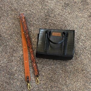 Wrangler Black Croc-Embossed Satchel with Brown Strap